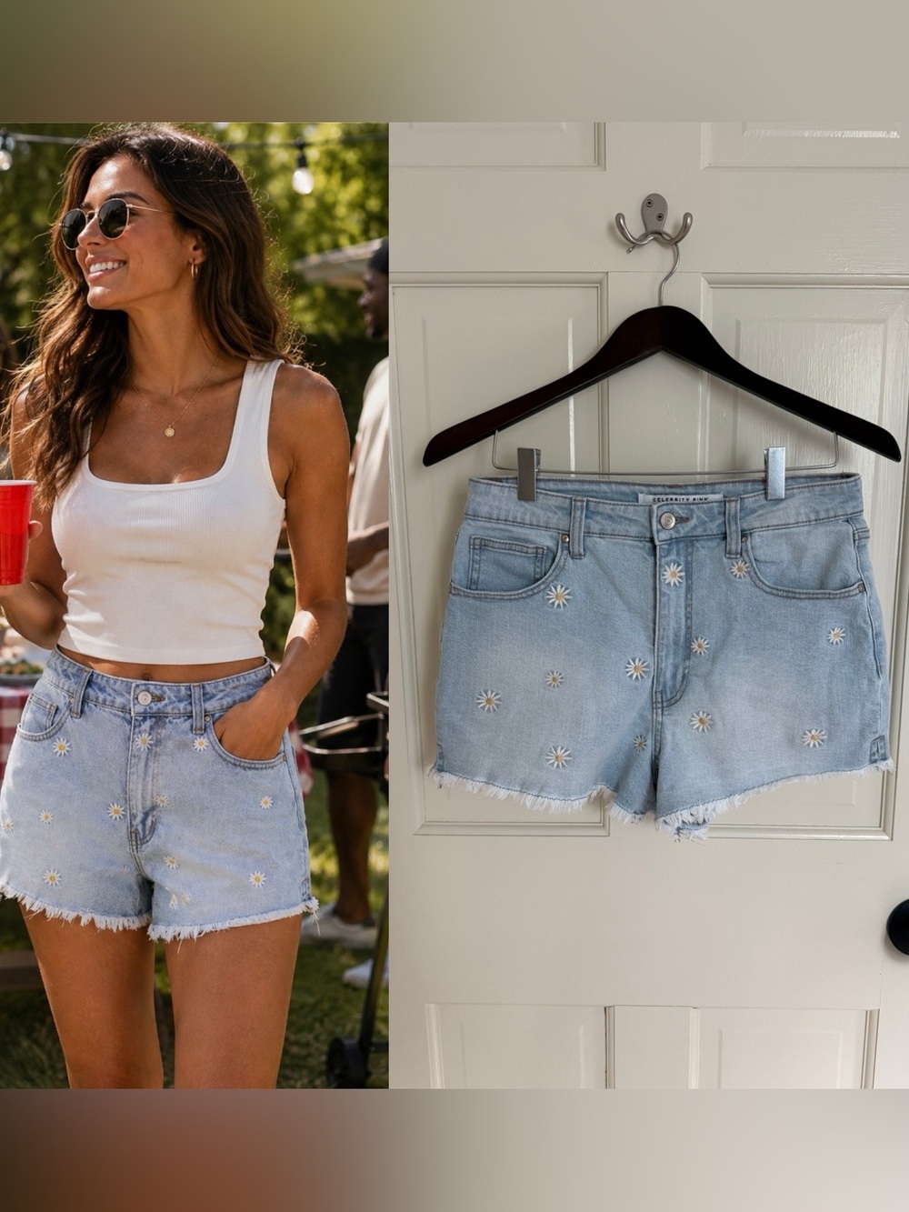 Celebrity Pink Daisy Denim Shorts – High Rise Frayed Hem | Y2K